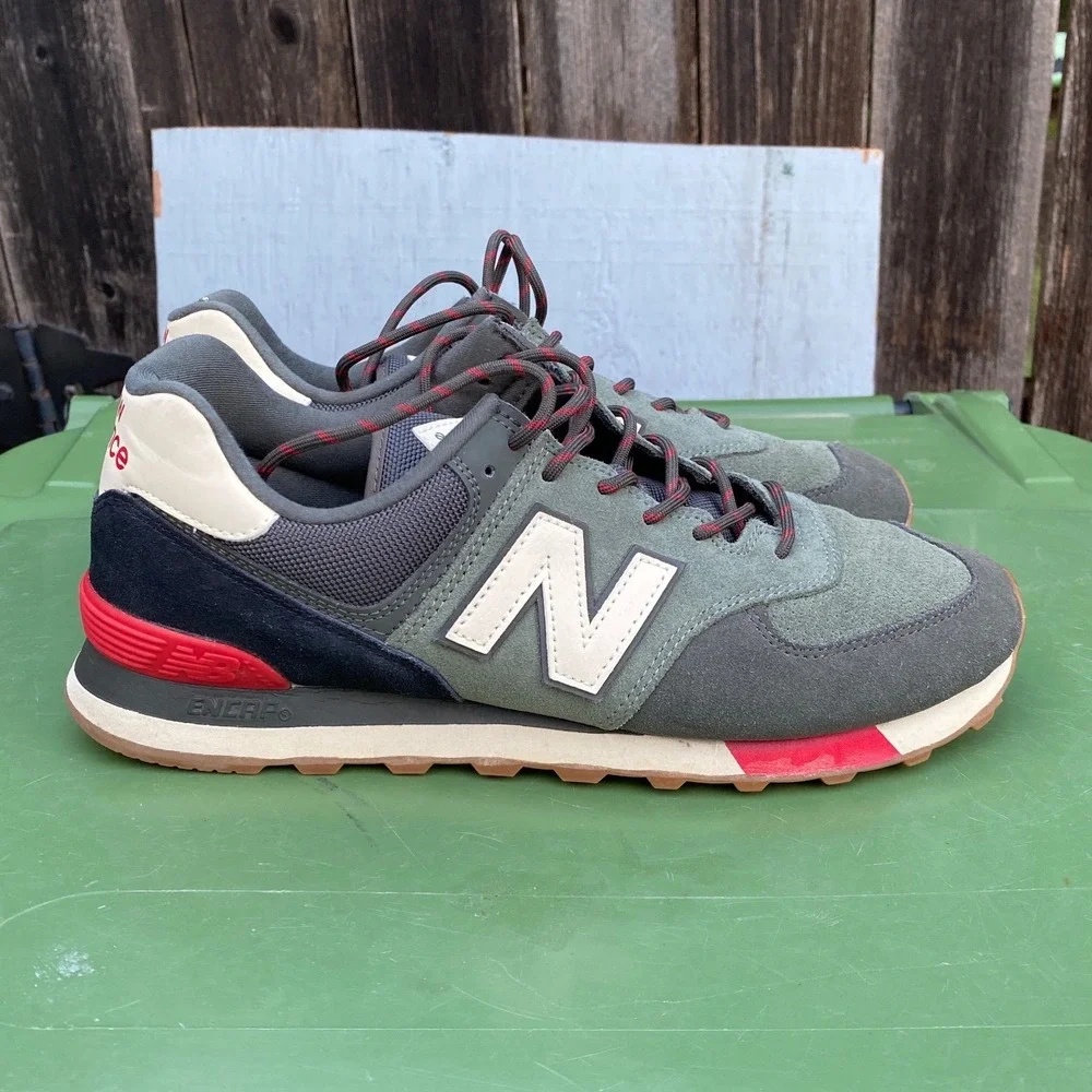 Damaged New Balance 574 Mens 10.5 Green Red Suede Sneakers ML574JHR Gum Sole